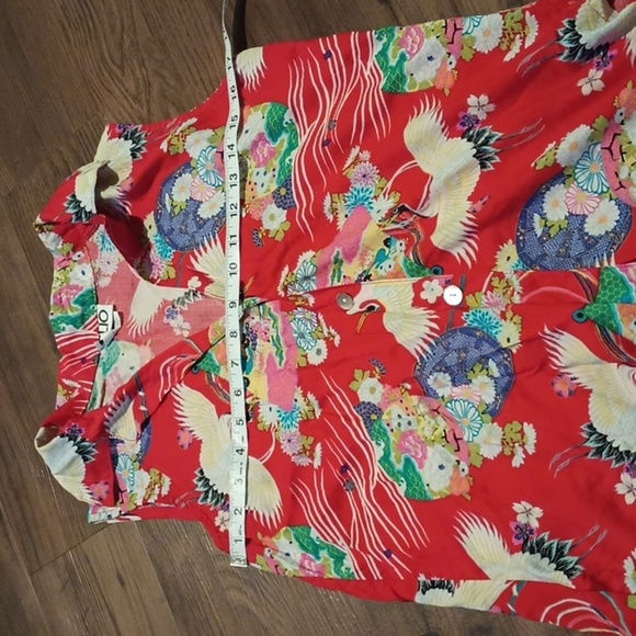CLIO Red and Cream Vintage Crane Collared Sleeveless Button Down Top A28 - Picture 5 of 6